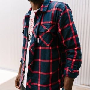 topo designs cozy mens plaid field shirt in blue and red